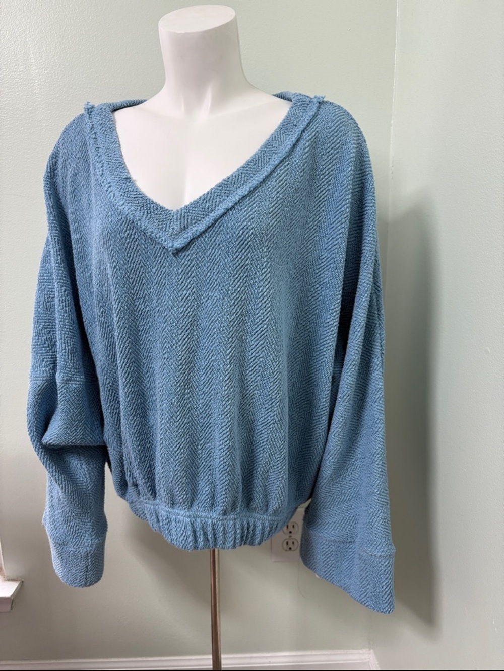 Free People Beach Oversized Blue Terry v Neck Sweater Small